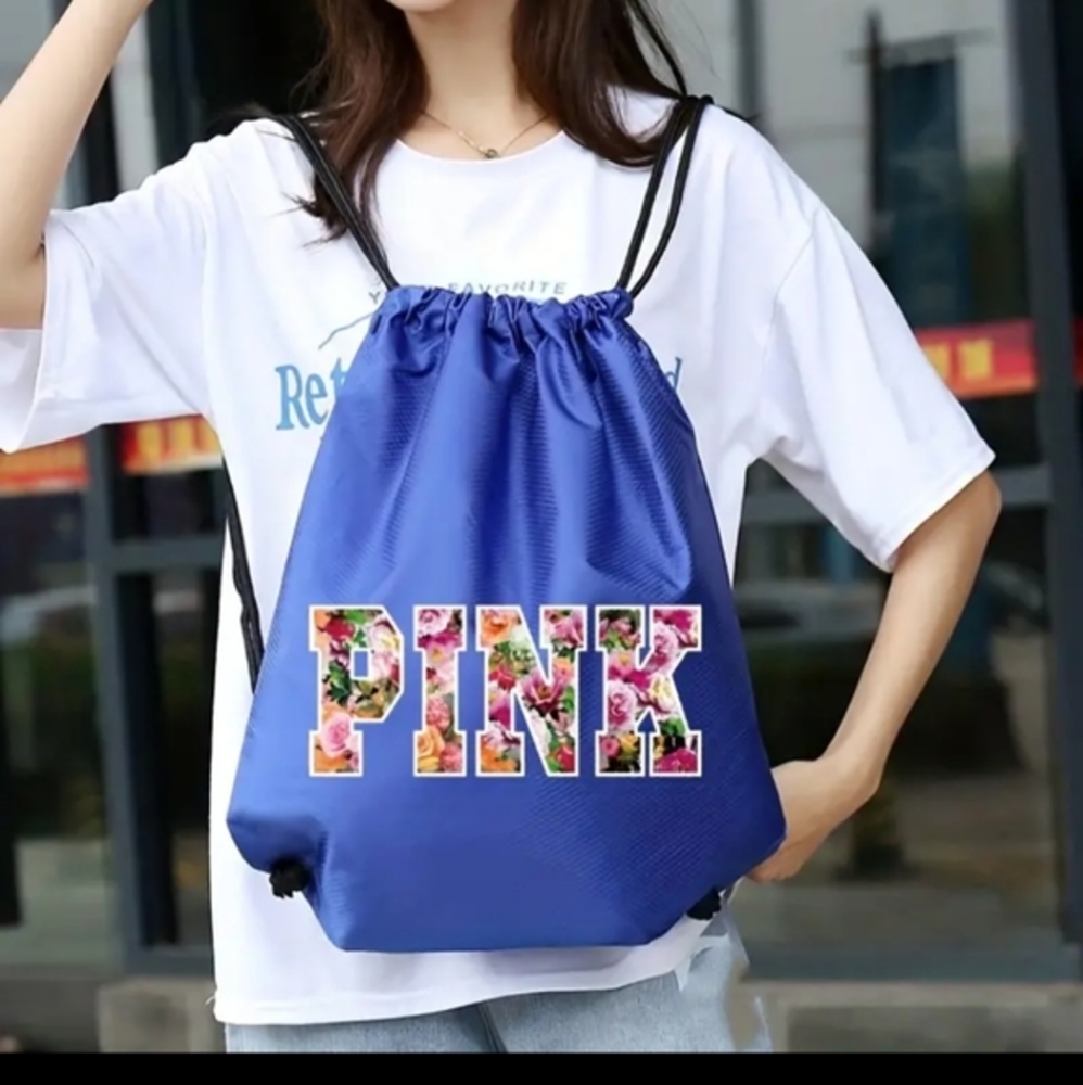 "PINK" Drawstring Backpack, Blue, New